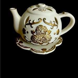 PartyLite Bisque Ivory Gold Trim Teapot Saucer Tea Light Rose Votive